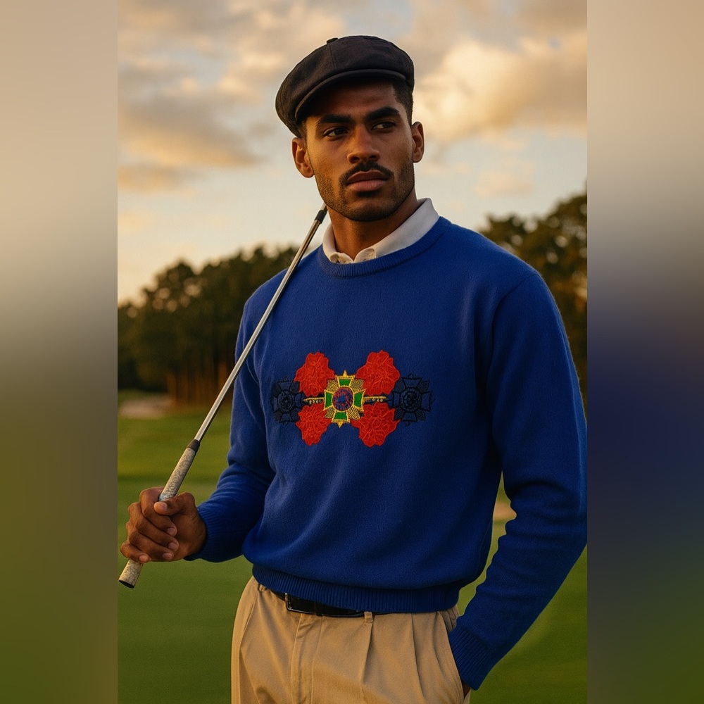 Pringle Men’s Blue Golf Sweater with Scottish Red Roses